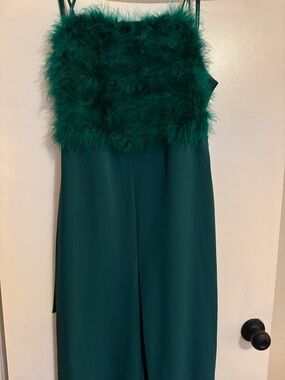 Emerald Feather-Trim Jumpsuit